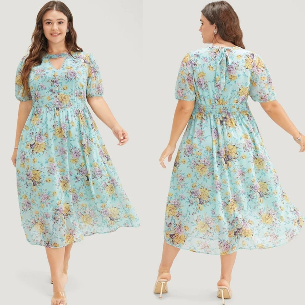 NWT BloomChic Turquoise Floral Lace Trim Keyhole Pocket Puff Sleeve Dress 28/5X